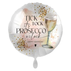 Balon foliowy okrągły 18 cali urodzinowy Tick Tock It's Prosecco o'clock Happy Birthday