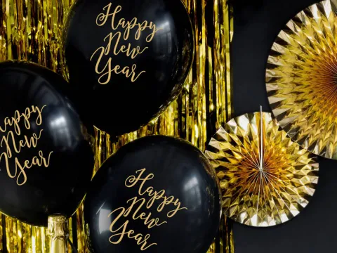 Balon Happy New Year czarny pastel 1szt. SYLWESTER