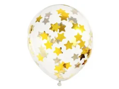 Balon przeźroczysty z konfetti metalicznym GWIAZDKI 6 szt.