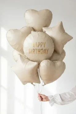 Balon foliowy Happy Birthday okrągły kremowy 35 cm