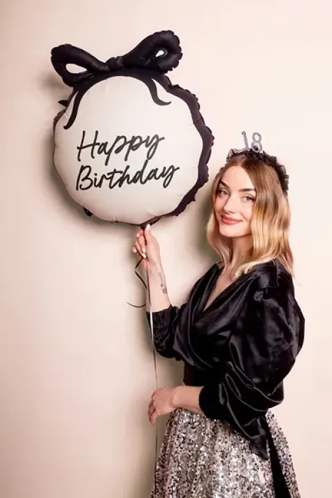 Balon foliowy Happy Birthday okrągły z kokardą 47,5x45 cm