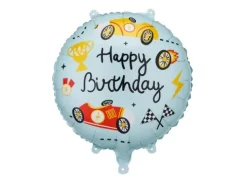 Balon foliowy okragły urodzinowy Happy Birthday Autka 35 cm