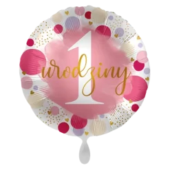 Balon foliowy okrągły 1 Urodziny - Roczek różowy 43 cm