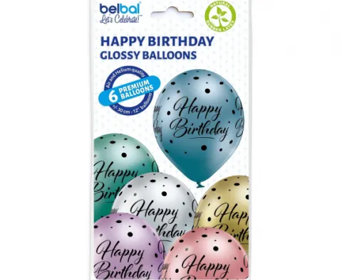 Balony lateksowe Happy Birthday kropki chrome 6 szt. mix