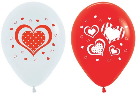 Balony Sempertex Serca w kropki 12'' 50 szt Biało-czerwone