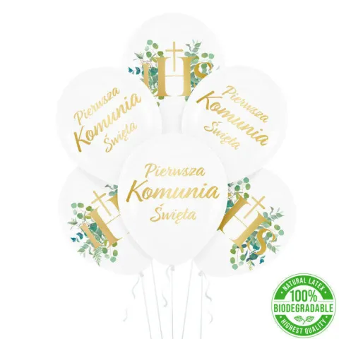 Balony Pierwsza Komunia Święta IHS eukaliptus 12" 6 szt.