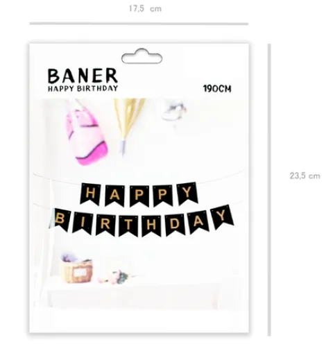 Baner girlanda CZARNY "Happy Birthday" złoty napis