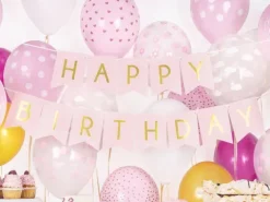 Baner girlanda "Happy Birthday" złoty napis - różowy