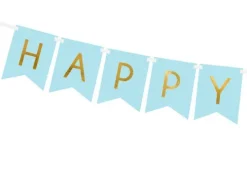 Baner girlanda "Happy Birthday" złoty napis -niebieski