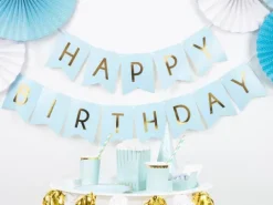 Baner girlanda "Happy Birthday" złoty napis -niebieski
