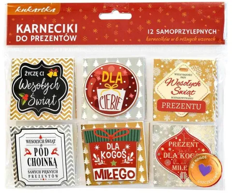 Bileciki do prezentów karneciki świąteczne Boże Narodzenie samoprzylepne 12 szt.