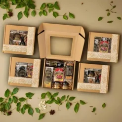 Box zestaw prezentowy prezent kawa miód syrop czekolada baton migdały kraft