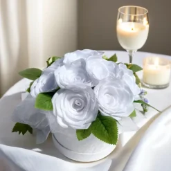 Bukiet róż ze wstążki biały Flower BOX Handmade