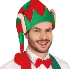 Czapka Elfa zielono czerwona z uszami i pomponem