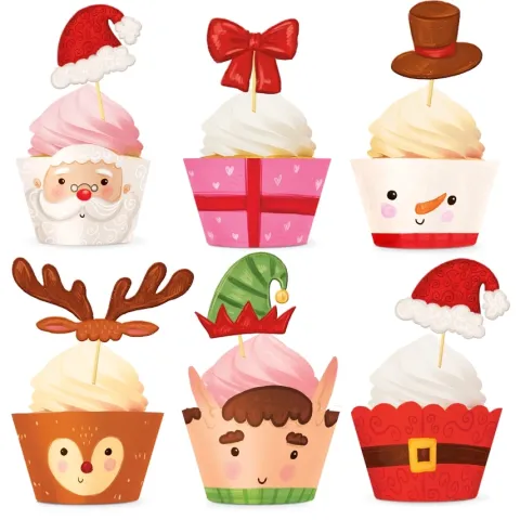 Dekoracja ciasta - papilotki do muffinek z topperami świąteczne - Boże Narodzenie 24 szt.