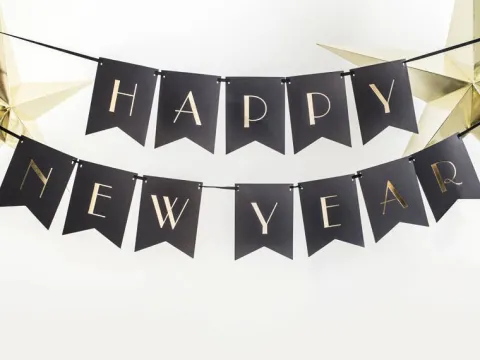 Girlanda baner Happy New Year czarny na Sylwestra 170 cm