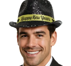Kapelusz cekinowy czarny z opaską Happy New Year na Sylwestra 1 szt.