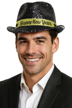 Kapelusz cekinowy czarny z opaską Happy New Year na Sylwestra 1 szt.