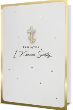Kartka karnet Komunia na pamiątkę Komunii Świętej z przypinką krzyż