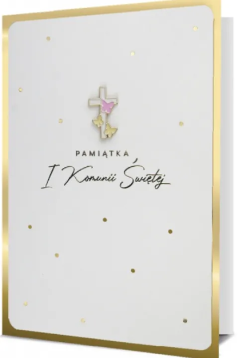 Kartka karnet Komunia na pamiątkę Komunii Świętej z przypinką krzyż