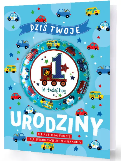 Kartka okolicznościowa Roczek XXL "Dziś Twoje 1 Urodziny -ile autek na świecie tyle spełnionych marzeń dla Ciebie" chłopczyk