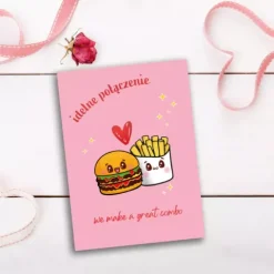 Kartka z życzeniami na Walentynki "Idealne połączenie" Burger i frytki