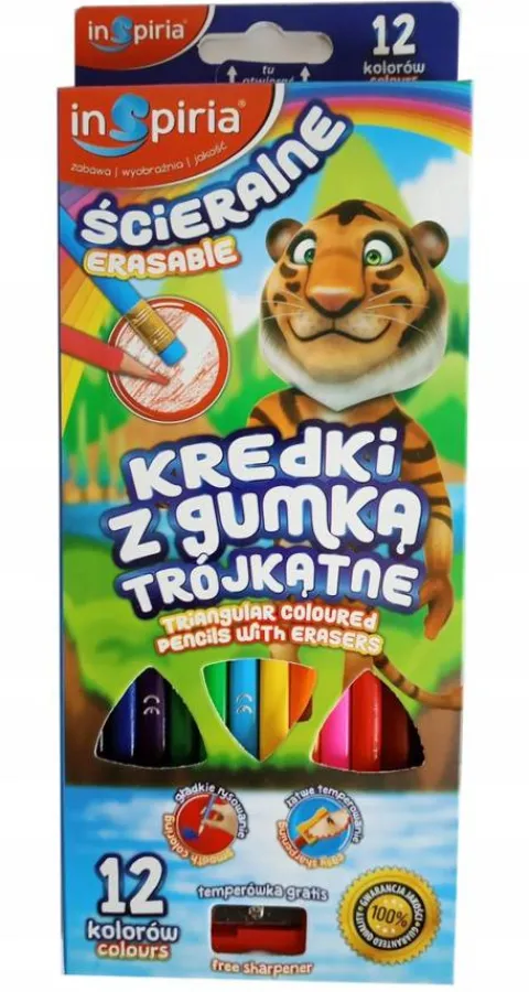 Kredki ołówkowe trójkątne z gumką 12 kolorów inSpiria