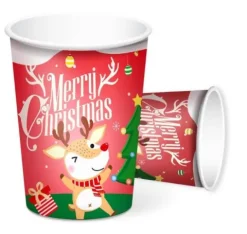 Kubeczki papierowe Merry Christmas czerwone z reniferem 6 szt.