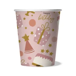 Kubeczki papierowe Happy Birthday różowe TORT 250 ml 8 szt.