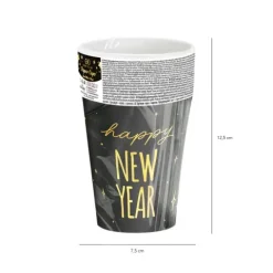 Kubeczki papierowe Happy New Year czarno-złote na Sylwestra 220ml 6szt.