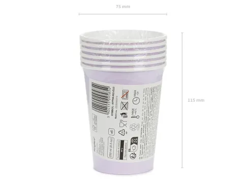Kubeczki papierowe jednokolorowe lawendowe 250ml 6 szt. PartyDeco