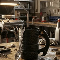 Kubek ceramiczny OPONY czarny klucz z łyżeczką mechanika