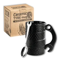 Kubek ceramiczny OPONY czarny klucz z łyżeczką mechanika
