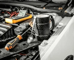 Kubek ceramiczny OPONY czarny klucz z łyżeczką mechanika