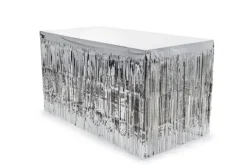 Kurtyna na brzeg stołu Skirting foliowy frędzle SREBRNY 80x300 cm