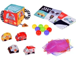 Miękka Kostka Sensoryczna Pojazdy pudełko z chusteczkami montessori