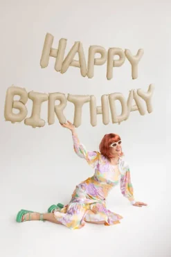 Napis z balonów HAPPY BIRTHDAY foliowy pastel beżowy