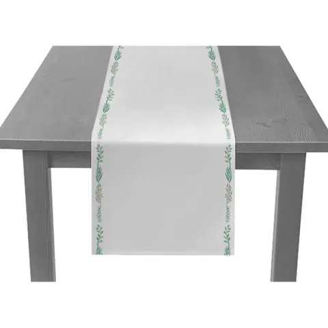 Obrus bieżnik biały uniwersalny zielone kwiaty 240x35 cm