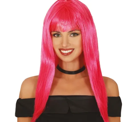 Peruka z grzywką długa różowa PINK NEON