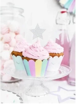Pikery toppery Gwiazdki srebrne dekoracje na tort muffinki 6 szt