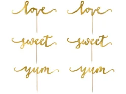Pikery toppery napisy love sweet yum złote dekoracje muffinek tortu 6 szt