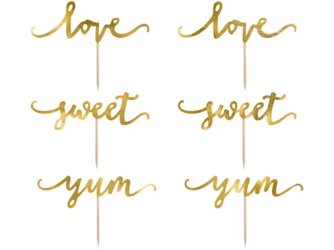 Pikery toppery napisy love sweet yum złote dekoracje muffinek tortu 6 szt