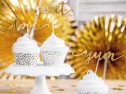 Pikery toppery napisy love sweet yum złote dekoracje muffinek tortu 6 szt