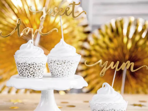 Pikery toppery napisy love sweet yum złote dekoracje muffinek tortu 6 szt