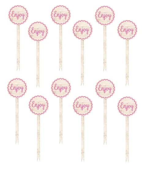 Pikery toppery okrągłe napis Enjoy dekoracje na tort muffinki 12szt