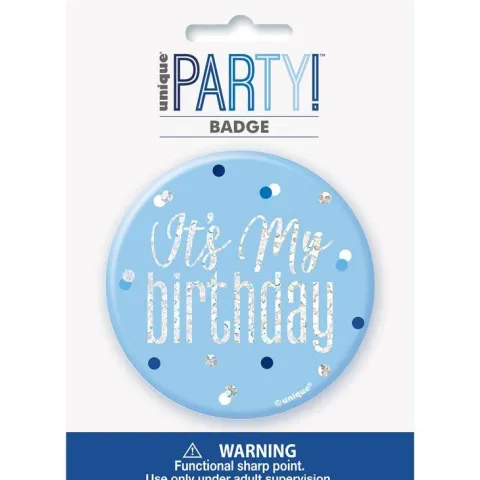 Przypinka urodzinowa badge niebieski "It"s my birthday"