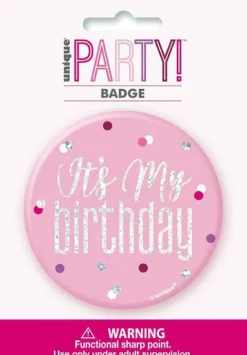 Przypinka urodzinowa badge różowy "It"s my birthday"