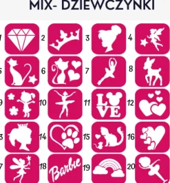 Szablony do tatuaży brokatowych tematyczne 20 szt. Mix dziewczynki