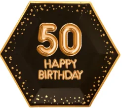 Talerzyki papierowe czarne w złote gwiazdki - 50 HAPPY BIRTHDAY