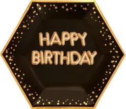 Talerzyki papierowe czarne w złote gwiazdki - HAPPY BIRTHDAY
